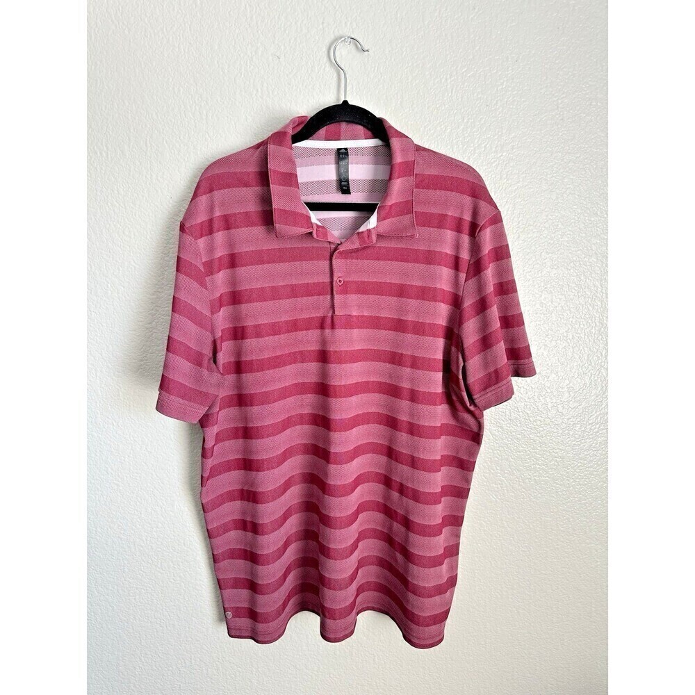 Adidas Polo Shirt Men's 2XL Dark Red Striped Golf Performance Short Sleeve Logo